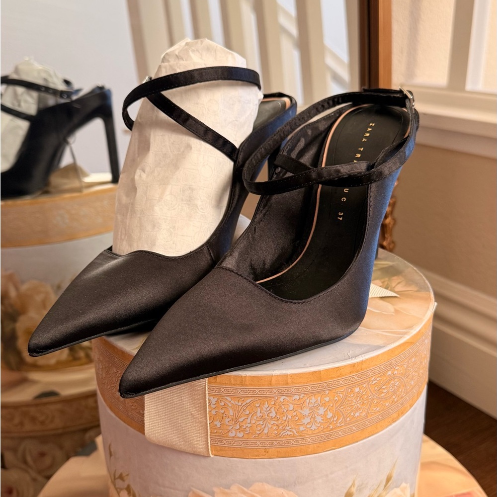 Zara Black Satin Pointed Heels